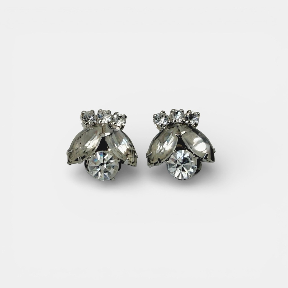 Vintage 1960s Rhinestone Clip Earrings Silver Tone Cocktail Glam